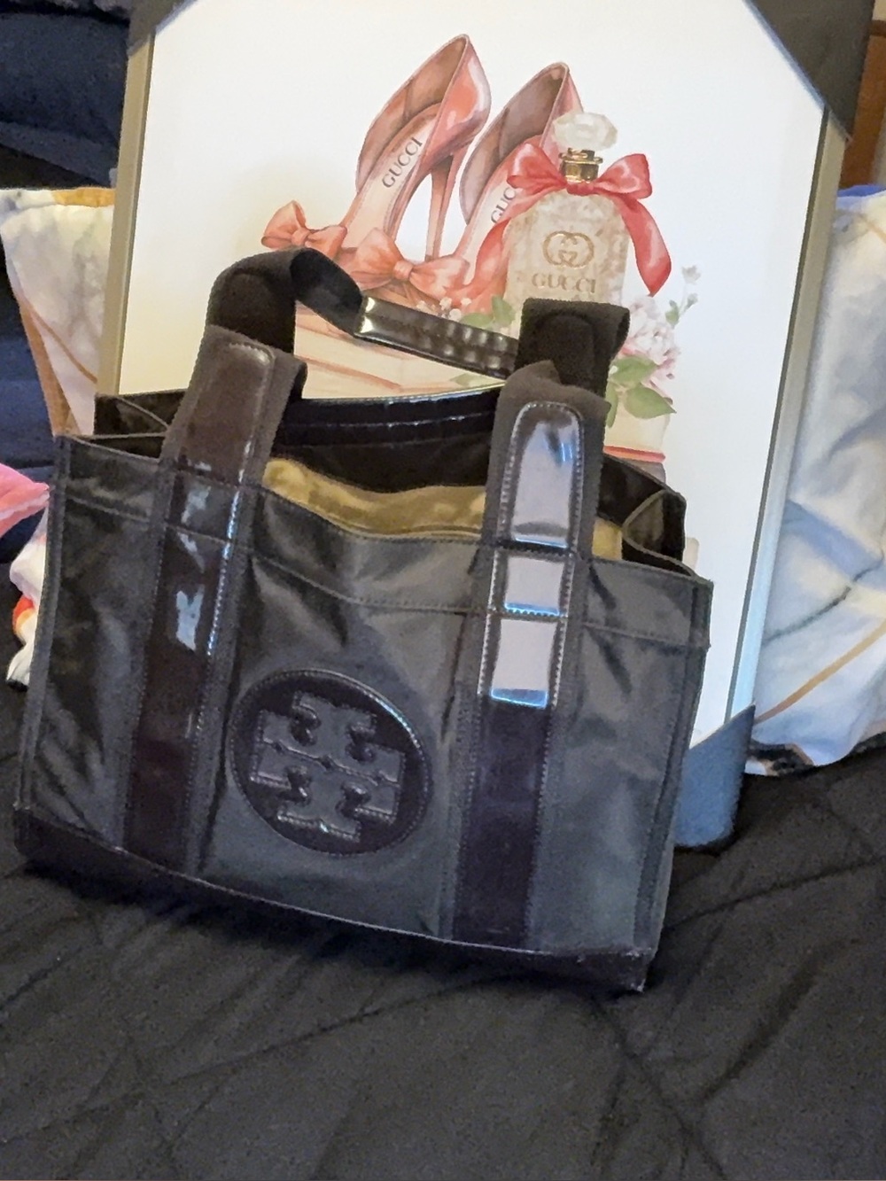 Tory Burch Ella Tote Bag – Brown Nylon & Patent Leather